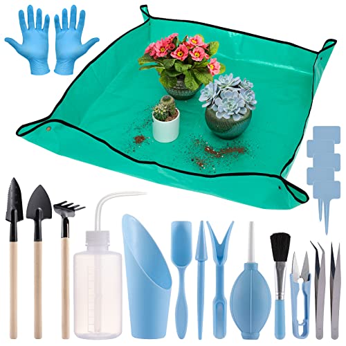 Pack of 20 Succulent Tool Set 386 × 386 Indoor Plant Potting Tarp Mat and 19 Pcs Miniature Succulent Hand Tools Garden Flower Plants Transplanting Supplies for Indoor Outdoor Plant Care (Green)
